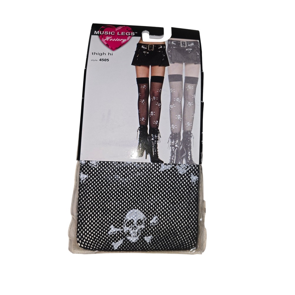 Music Legs 4505 Black Fishnet Thigh High Stockings Skull Crossbones Stay Up NEW